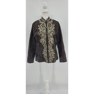 Chico's Brown Embellished‎ Jacket Button Up Polyester Metallic Size L